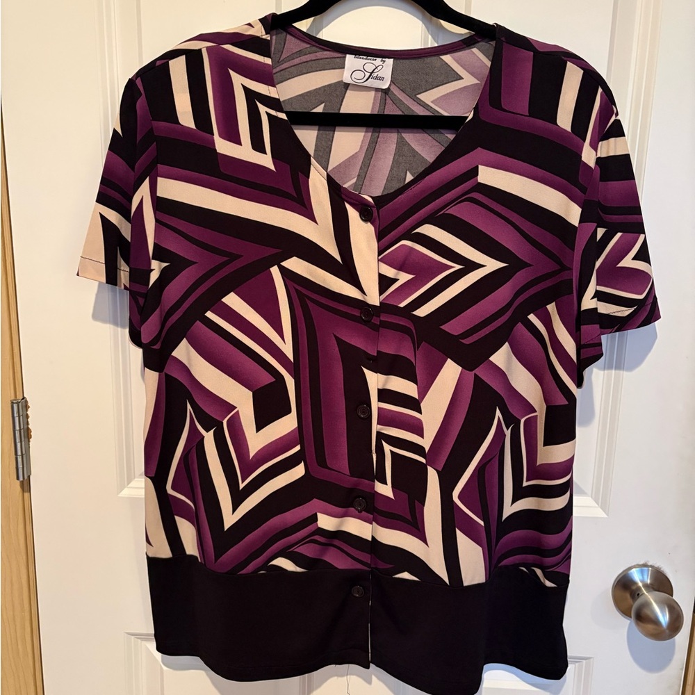 Geometric Print V-Neck Button Front Blouse - Purple
